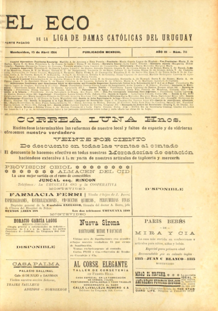 EL ECO (DE LA LIGA DE LAS DAMAS CATOLICAS DEL URUGUAY) del 15/04/1914